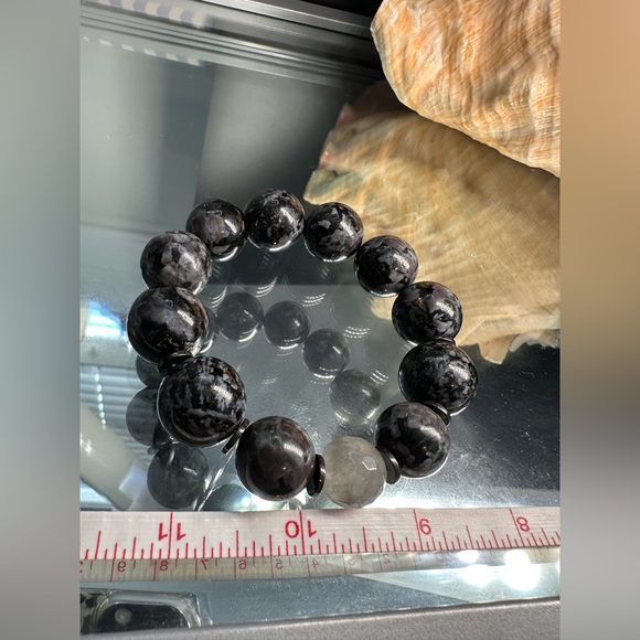 INDIGO GABBRO + GREY RUTILATED QUARTZ   STONES NATURAL BRACELET 7 - Picture 13 of 15